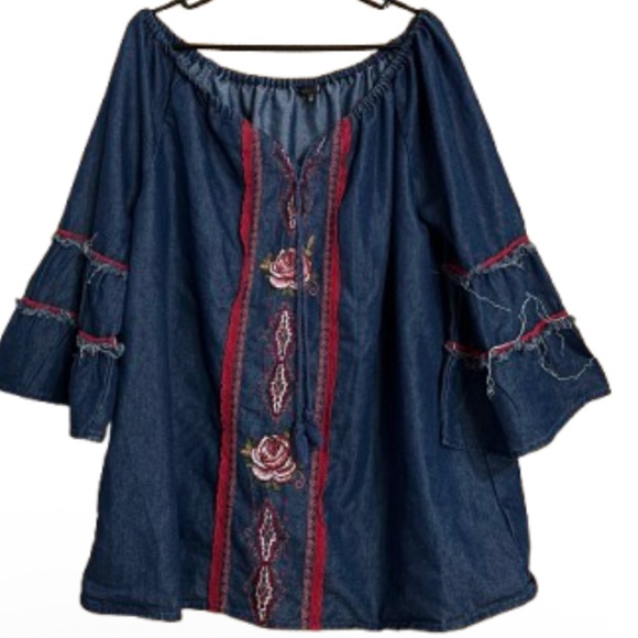 Hannah Women Blue Multi Chambray Artwork Casual Tunic Top w/ Bell Sleeves Sz-XL - Picture 1 of 5